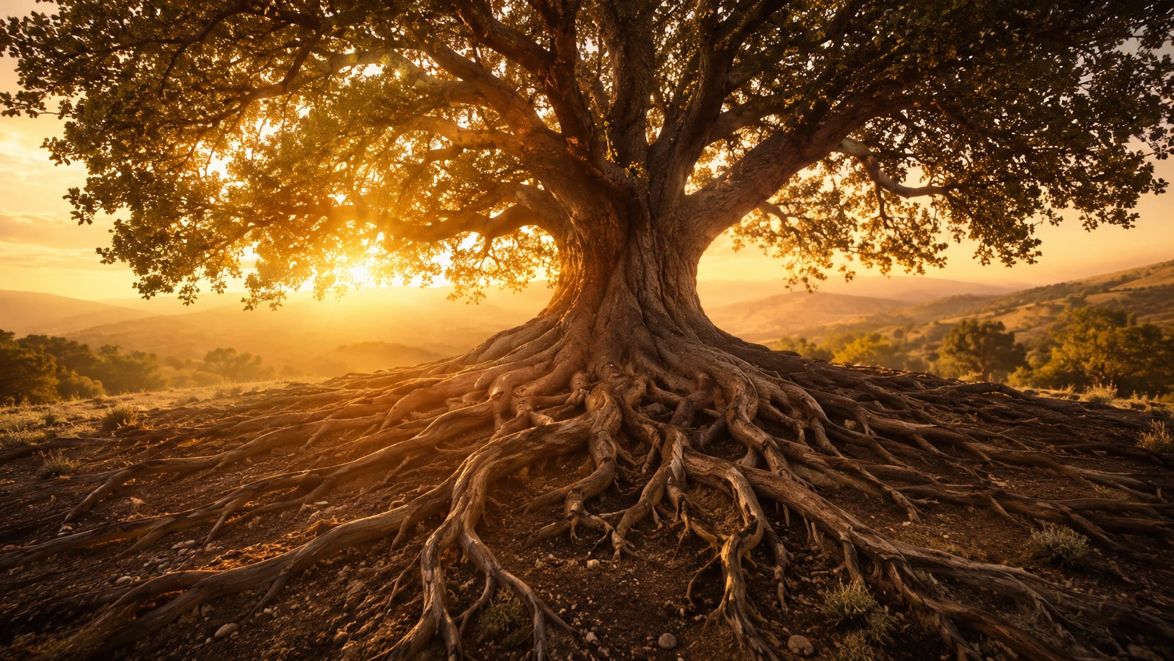 Árvore de raízes profundas iluminada pelo pôr do sol
