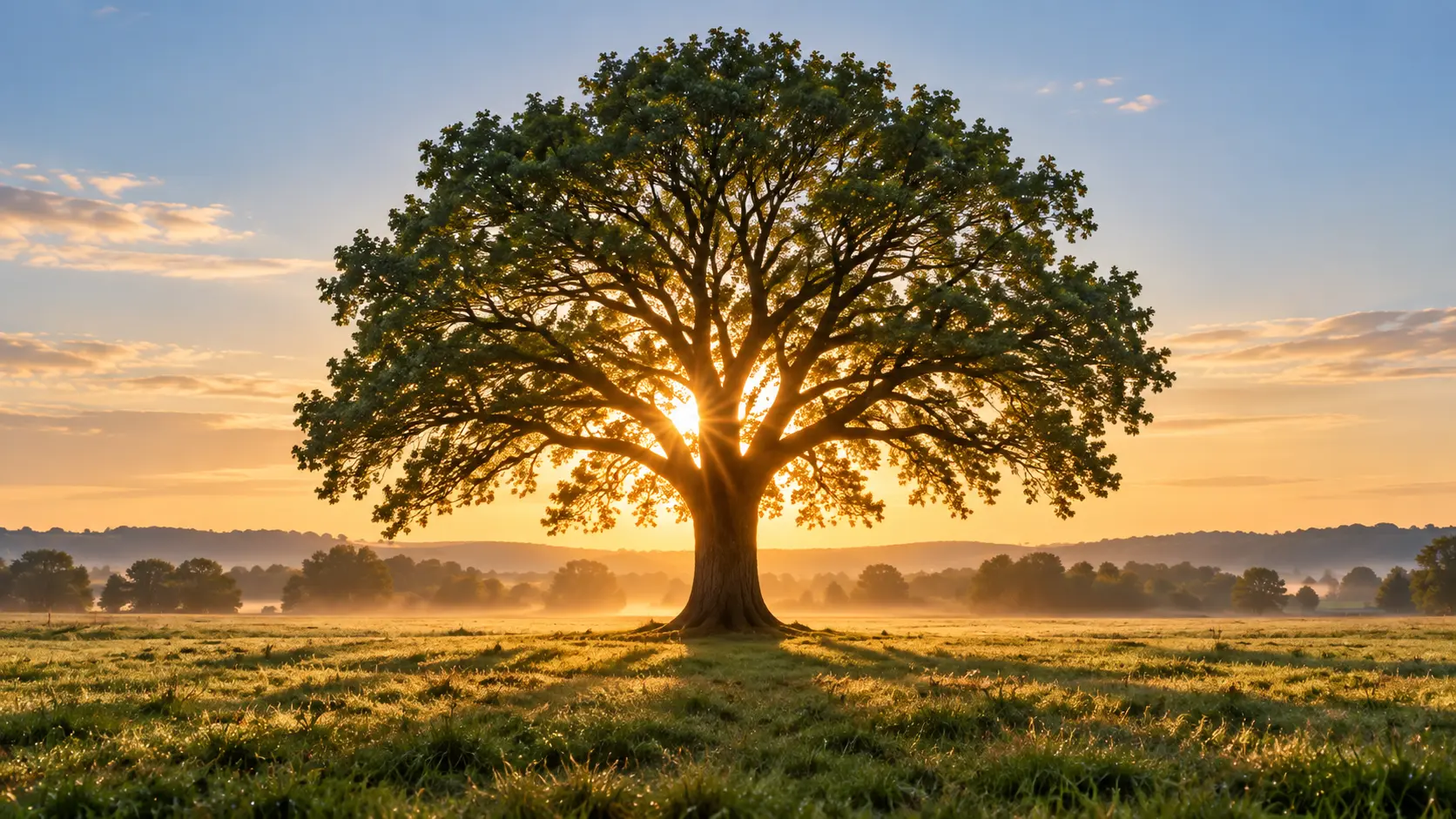 Árvore de raízes profundas iluminada pelo pôr do sol