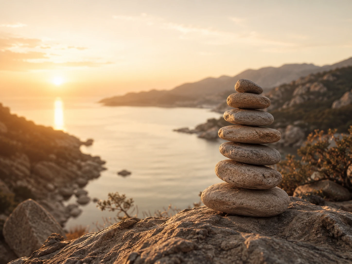 Pedras equilibradas em paisagem tranquila ao pôr do sol